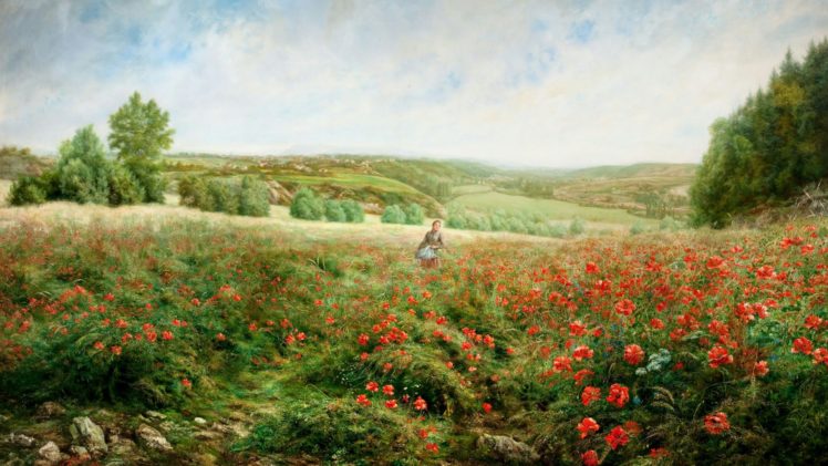 art, Paintings, Rustic, Landscapes, Flowers, Fields, Women, Mood, Summer, Spring, Sky HD Wallpaper Desktop Background