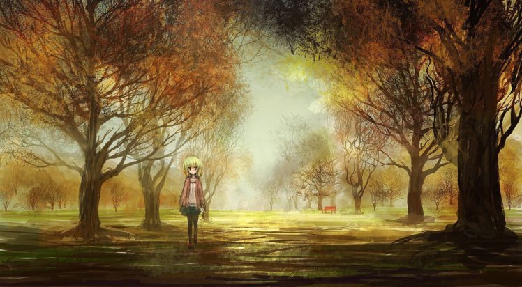 original, Art, Girl, Landscapes, Anime, Trees, Park, Autumn, Fall HD Wallpaper Desktop Background