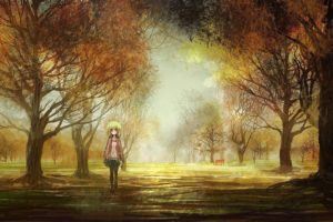 original, Art, Girl, Landscapes, Anime, Trees, Park, Autumn, Fall