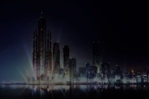 water, Cityscapes, Dark, Night, Lights, Buildings, Skyscrapers, Scenic, Anime, Reflections, Cities, Skies, Psycho pass, Sea