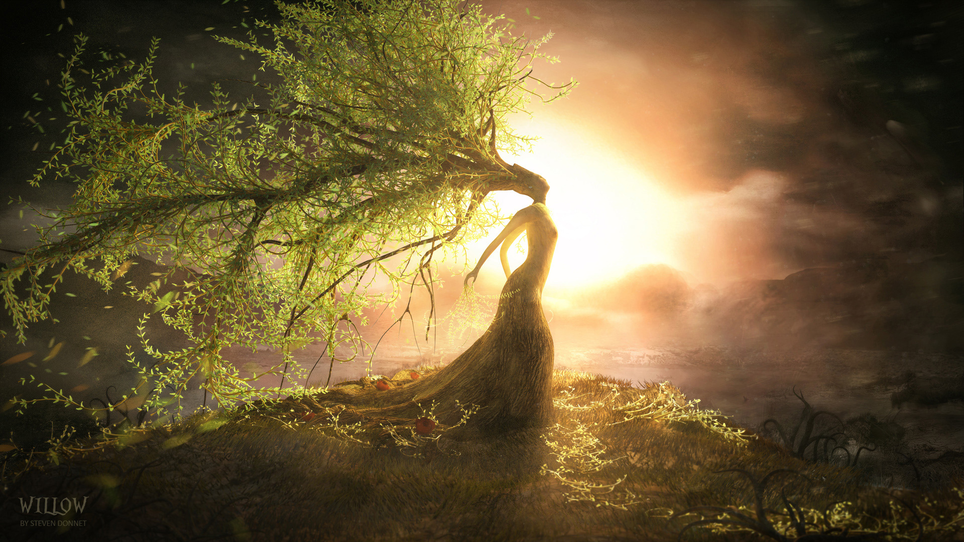 fantasy, Art, Willow, Landscapes, Mood, Trees, Sunset, Sunrise, Women, Gods Wallpaper