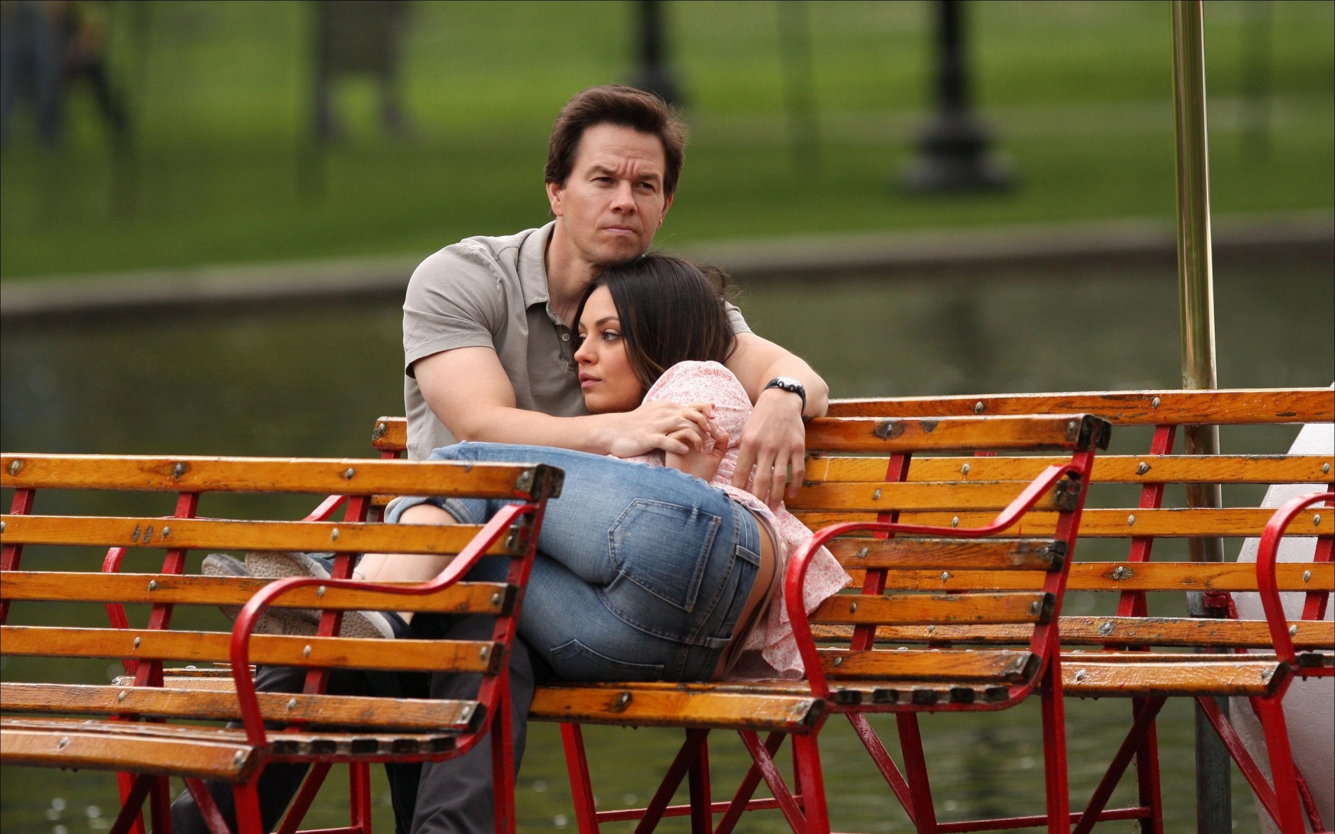 jeans, Mila, Kunis, Actress, Ass, People, Bench, Actors, Mark, Wahlberg, Ted Wallpaper
