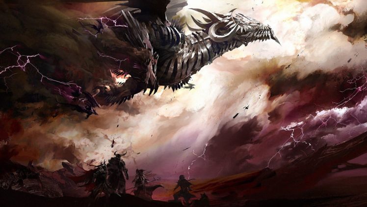 clouds, Dragons, Storm, Fantasy, Art, Digital, Art, Warriors, Guild, Wars, 2, Lightning, Skies HD Wallpaper Desktop Background