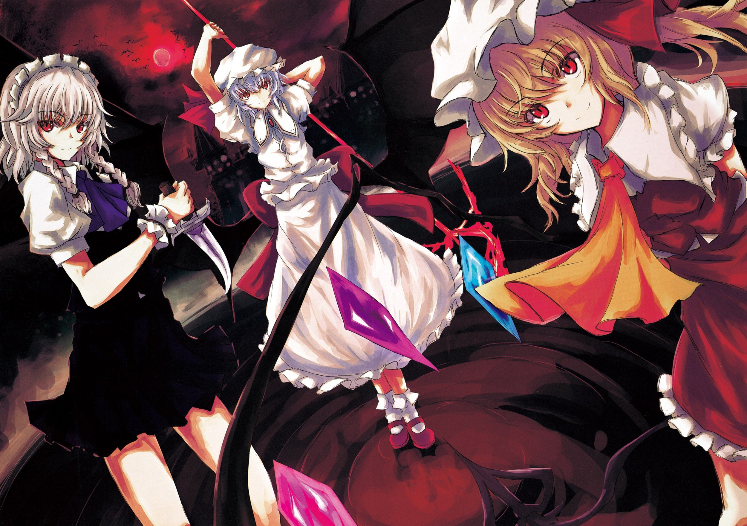 blondes, Video, Games, Touhou, Wings, Castles, Dress, Birds, Maids, Moon, Weapons, Socks, Izayoi, Sakuya, Blue, Hair, Shoes, Vampires, Red, Eyes, Short, Hair, Smiling, Knives, Flandre, Scarlet, Maid, Costumes, H Wallpaper
