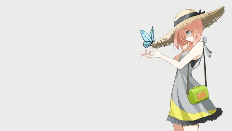 dress, Blue, Eyes, Straw, Hat, Orange, Hair, Simple, Background, Anime, Girls, Grey, Background, Butterflies, Original, Characters HD Wallpaper Desktop Background