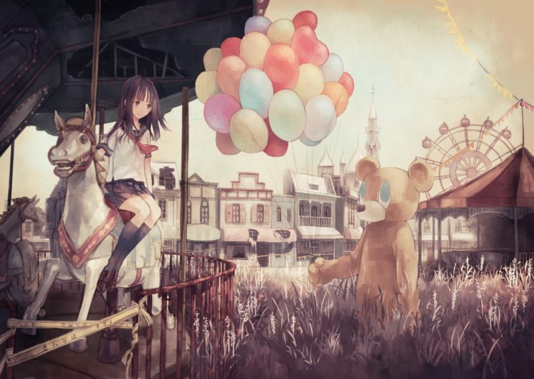 yasukura, Original, Girl, Art, Teddy, Bear, Horse, Amusement, Ballons HD Wallpaper Desktop Background