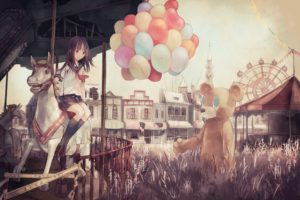 yasukura, Original, Girl, Art, Teddy, Bear, Horse, Amusement, Ballons