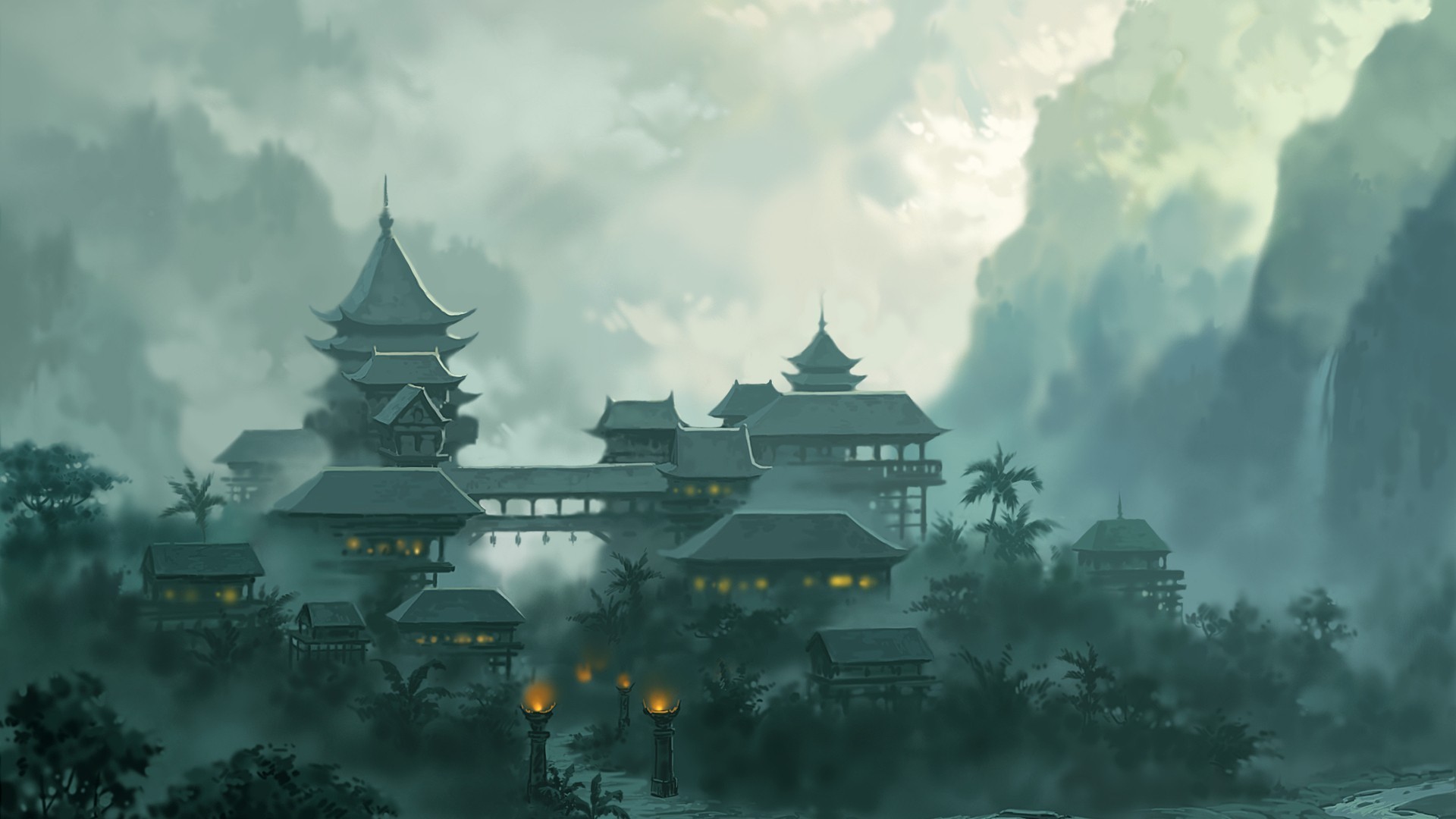 asian, Oriental, Fantasy, Art, Temple, Church, Cathedral, Architecture, Buildings, Landscapes, Mountains, Jungle, Clouds, Fog Wallpaper