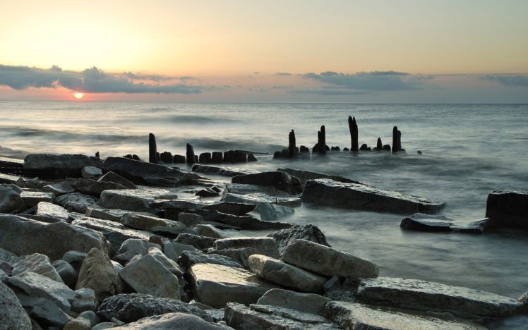 beaches, Shore, Coast, Ocean, Sea, Sky, Sunset, Sunrise, Stone, Rocks, Decay, Ruin HD Wallpaper Desktop Background