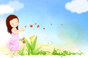 children, Mood, Summer, Happy, Cute, Vector, Girl, Butterfly, Flowers, Sky, Clouds