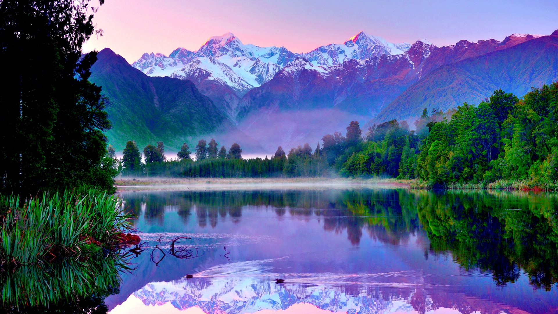 landscapes, Reflection, Hdr, Mountains, Sky, Snow, Trees, Forest, Shore, Fog Wallpaper