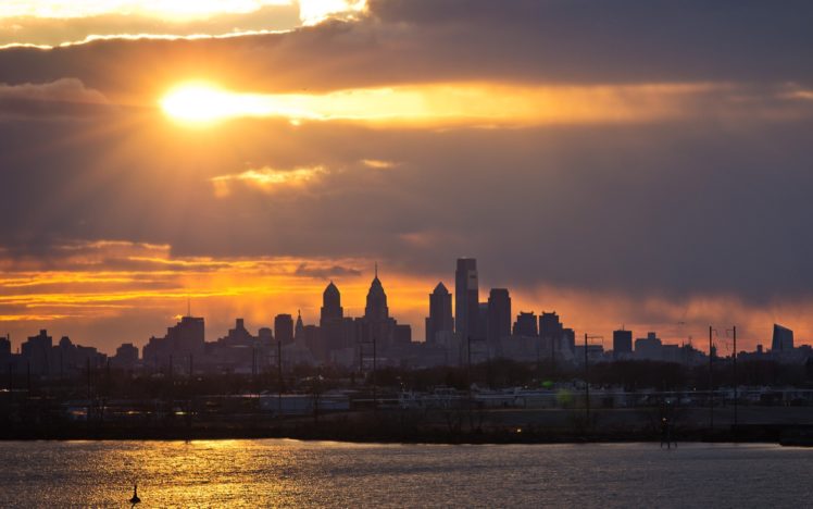 cityscapes, Skylines, Philadelphia, Lakes, Rivers, Sky, Clouds, Sunset, Sunrise HD Wallpaper Desktop Background