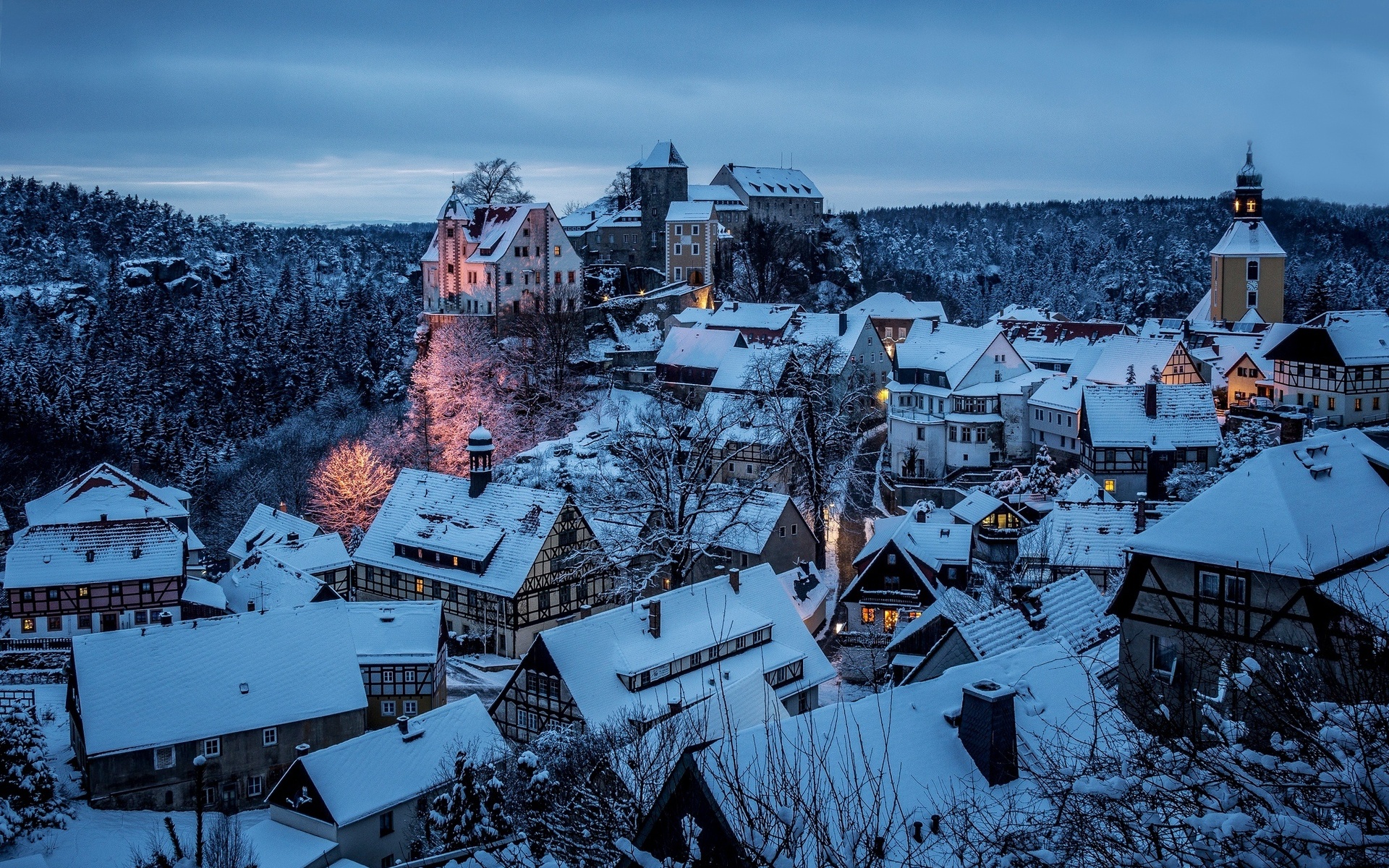 honshtayn, Saxon, Sachsische, Schweiz, Germany, Town, Winter, Snow, Night, Sky, Roof Wallpaper