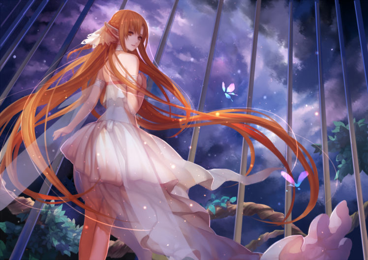 sword, Art, Online, Fantasy, Elf, Butterfly, Girl, Redhead, Cage, Sky, Stars, Anime HD Wallpaper Desktop Background