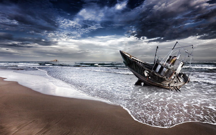 shipwreck, Decay, Ruin, Abandoned, Landscapes, Beaches, Ocean, Sand, Waves, Sky, Clouds, Mood, Hdr HD Wallpaper Desktop Background