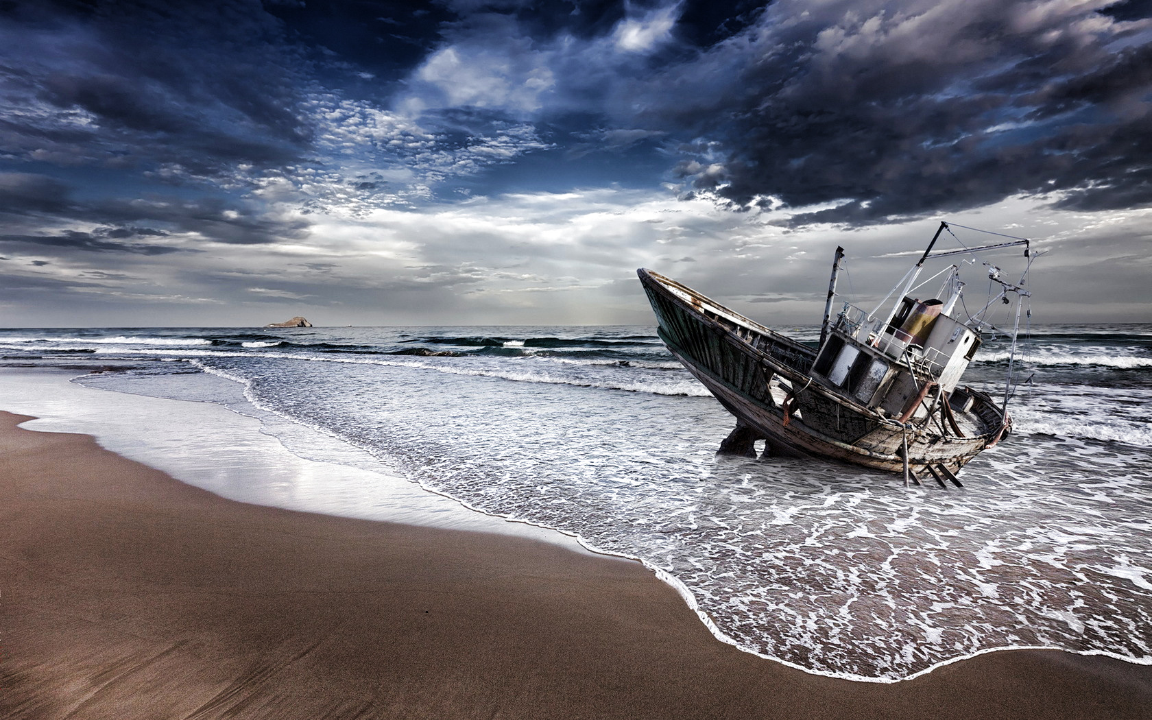 shipwreck, Decay, Ruin, Abandoned, Landscapes, Beaches, Ocean, Sand, Waves, Sky, Clouds, Mood, Hdr Wallpaper