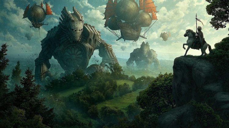 green, Forests, Knights, Grass, Fantasy, Art, Collosus, Artwork, Medieval, Zeppelin, Air, Balloons, Skyscapes HD Wallpaper Desktop Background