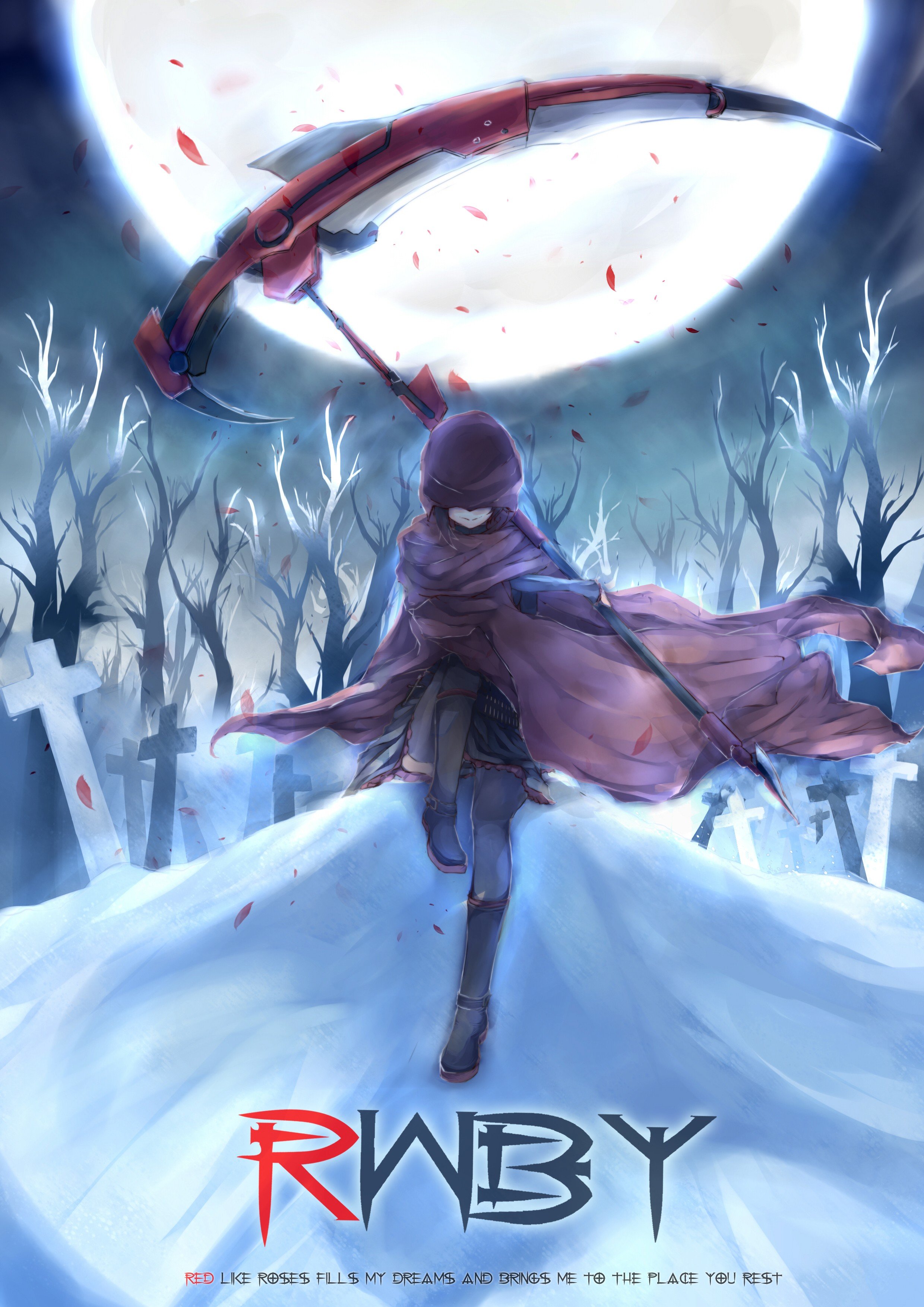 boots, Clouds, Nature, Winter, Snow, Cross, Trees, Night, Forests, Text, Scythe, Moon, Skirts, Outdoors, Weapons, Jackets, Short, Hair, Thigh, Highs, Ammunition, Smiling, Sitting, Hoodies, Anime, Flower, Petals, Wallpaper