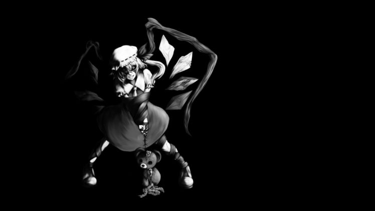 black, And, White, Video, Games, Touhou, Wings, Black, Dark, Dress, Long, Hair, Vampires, Crystals, Stuffed, Animals, Monochrome, Grin, Ponytails, Teddy, Bears, Flandre, Scarlet, Hats, Bound, Simple, Background, HD Wallpaper Desktop Background