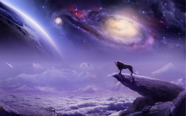 paintings, Airbrush, Cg, Digital, Art, Lion, Landscapes, Fantasy, Mountains, Clouds, Dream, King, Sci, Fi, Sky, Stars, Planets, Galaxy, Nebula HD Wallpaper Desktop Background