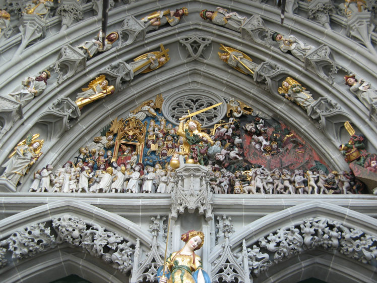 cathedral, Of, Berne, Munster, Switzerland, Statue, Sculpture, Weapons, Angels, Religion, Catholic HD Wallpaper Desktop Background