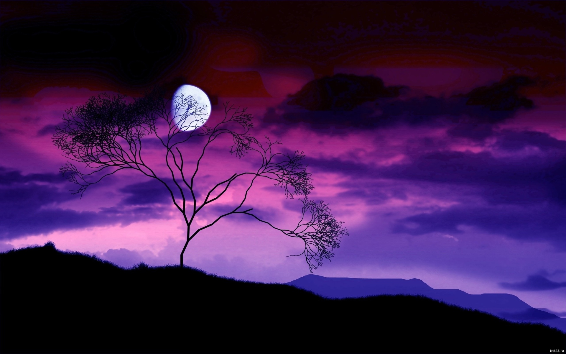 art, Nature, Landscapes, Hills, Mountains, Sky, Clouds, Night, Dusk, Moon, Purple Wallpaper