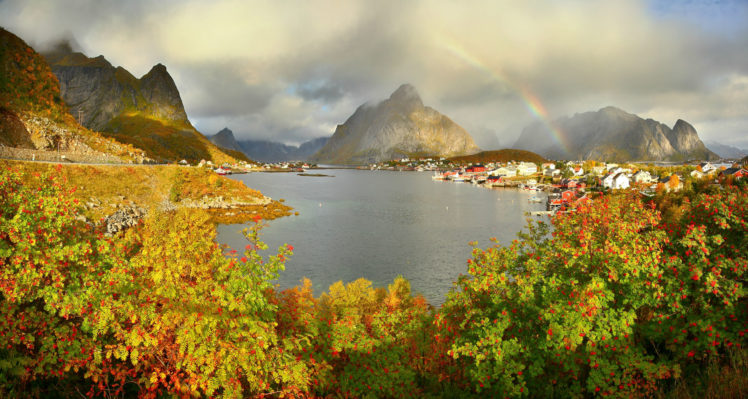mountains, Norway, Rivers, Reine, Gravdalsbukta, Clouds, Rainbow, Shrubs, Landscapes, Cities, World HD Wallpaper Desktop Background