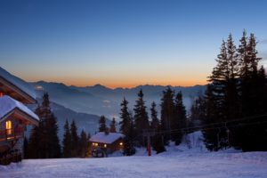 landscapes, Nature, Winter, Snow, Resort, Mountains, Trees, Sunset, Sunrise, Sky, Buildings, Cabin, House