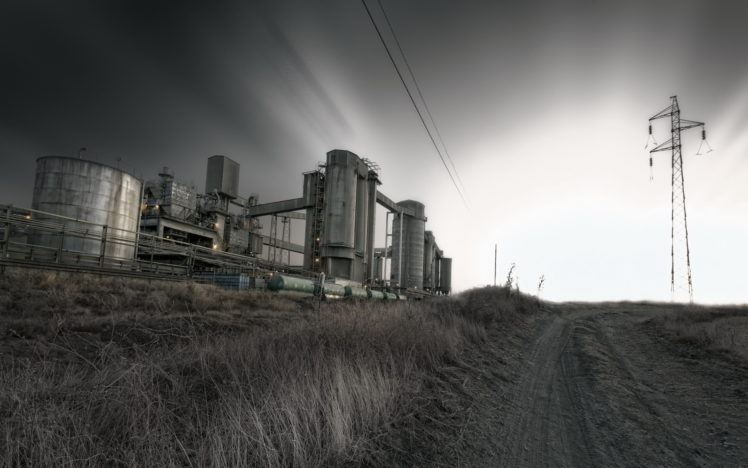 factory, Refinery, Silo, Landscapes, Nature, Roads, Rustic, Steel, Sky, Clouds, Lines, Tower HD Wallpaper Desktop Background