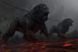 fantasy, Art, Dark, Horror, Evil, Demons, Gorilla, Animals, Fire, Hell, Chains, Monsters, Beast, Creature, Eyes, Scream, Roar, Landscapes, Scary