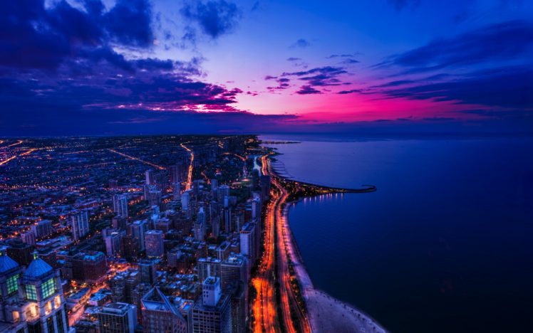 chicago, Sunset wide HD Wallpaper Desktop Background