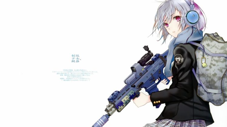 guns, Weapons, Fuyuno, Haruaki, Artwork, Simple, Background, Anime, Girls HD Wallpaper Desktop Background