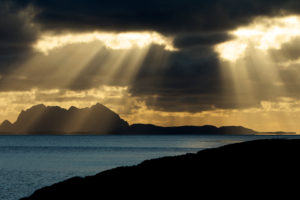 landscapes, Bay, Sea, Ocean, Fjord, Clouds, Sunset, Sunrise, Sunlight, Beams, Rays, Mountains