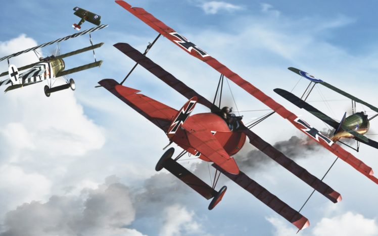 red, Baron, Airplane, Art, Military, Battles, War, Weapons, Flight, Fly, Clouds, Sky HD Wallpaper Desktop Background