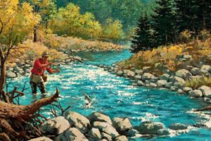 fishing, Fish, Sport, Fishes, River, Autumn, Painting, Artwork