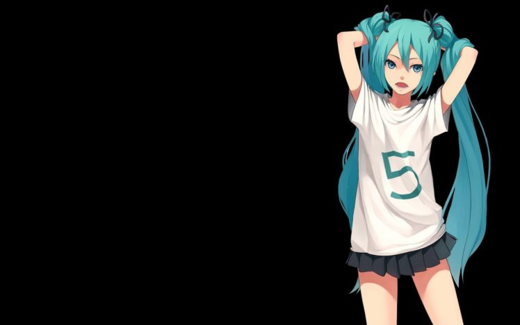 vocaloid, Hatsune, Miku, Twintails, Shorts, Simple, Background, Anime, Girls, Black, Background, Fkey HD Wallpaper Desktop Background