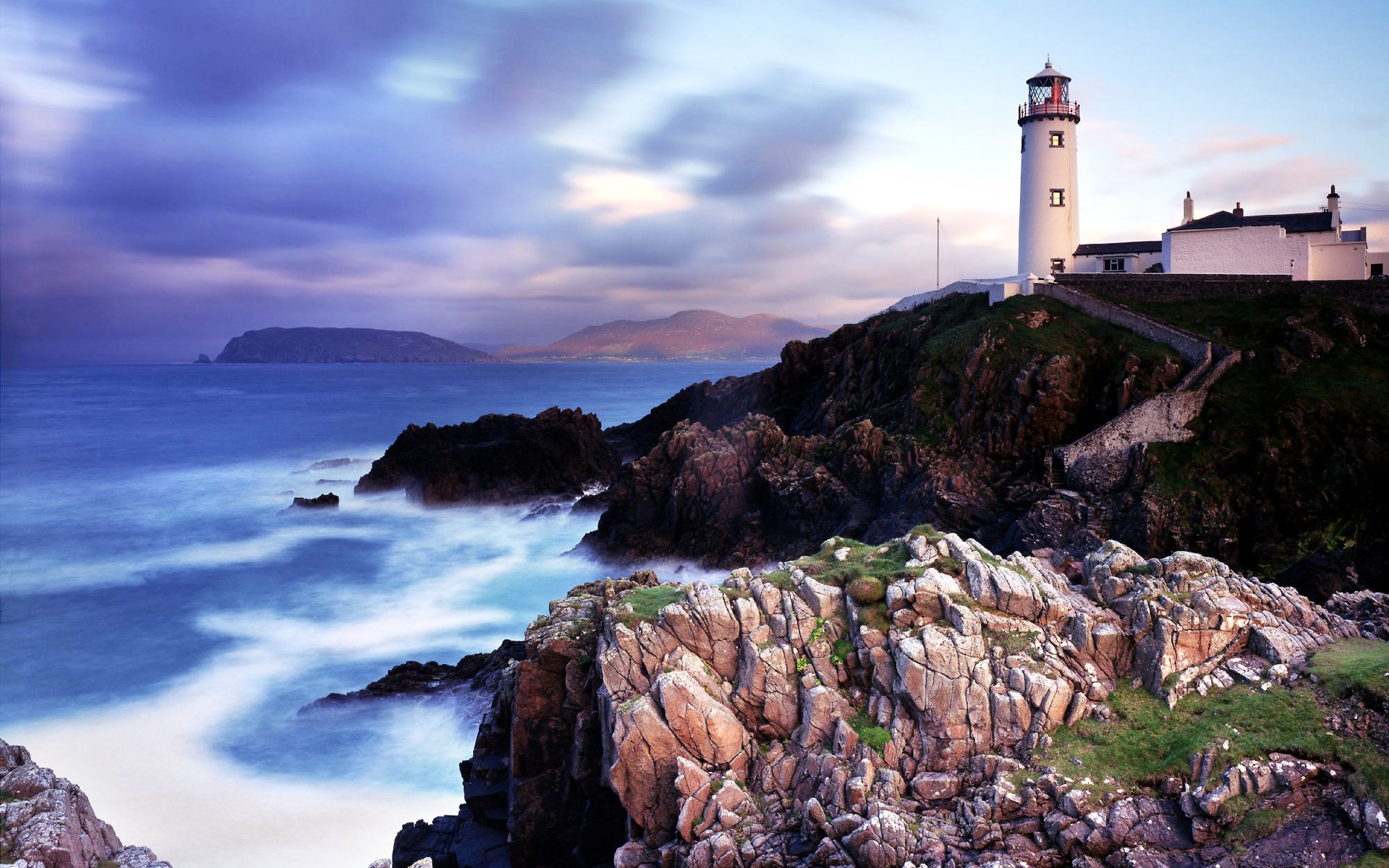 lighthouse, Light, Lamp, Landscapes, Buildings, Cliff, Shore, Coast, Ocean, Sea, Sky, Clouds Wallpaper