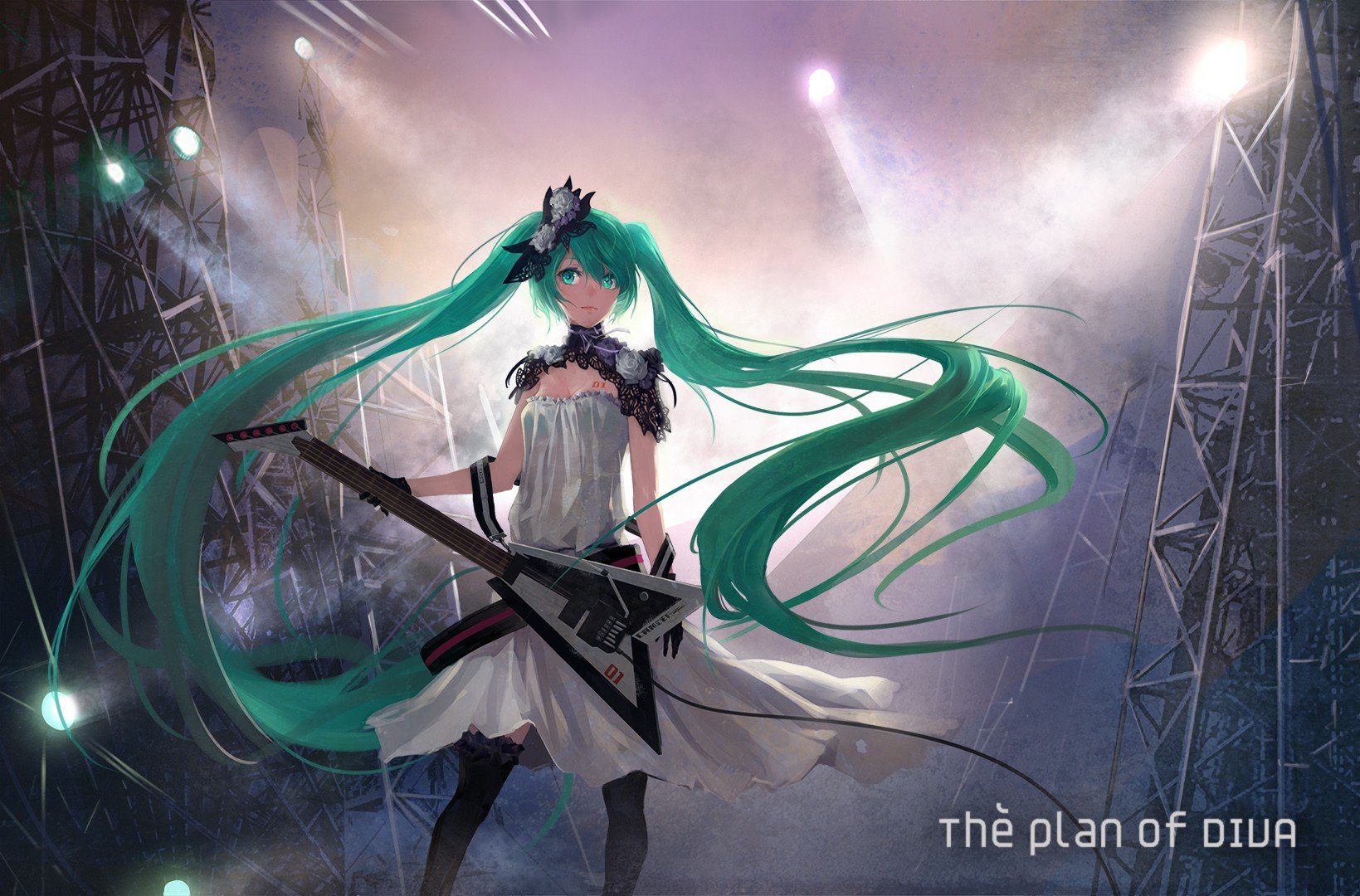 tattoos, Vocaloid, Gloves, Dress, Lights, Flowers, Stockings, Hatsune, Miku, Text, Long, Hair, Green, Eyes, Thigh, Highs, Green, Hair, Instruments, Guitars, Twintails, Electric, Guitars, Stage, White, Dress, Sof Wallpaper