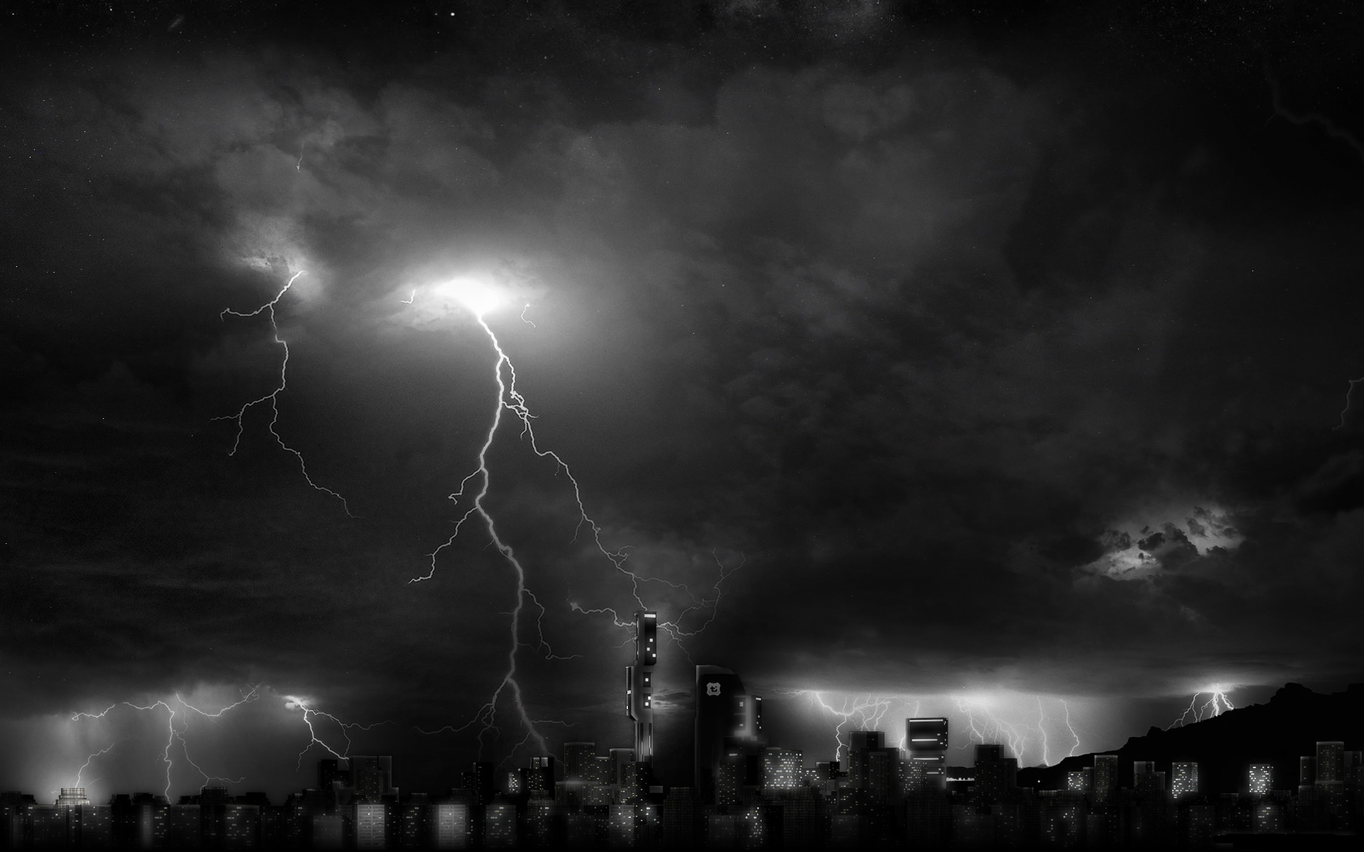 art, Architecture, Buildings, Skyscrapers, Storm, Rains, Lightning, Sky, Clouds Wallpaper