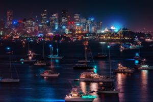 skyline, Cityscape, Night, Lights, Hdr, Harbor, Bay, Water, Reflection, Architecture, Buildings, Skyscrapers, Boats, Ships