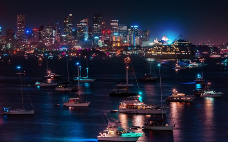 skyline, Cityscape, Night, Lights, Hdr, Harbor, Bay, Water, Reflection, Architecture, Buildings, Skyscrapers, Boats, Ships HD Wallpaper Desktop Background