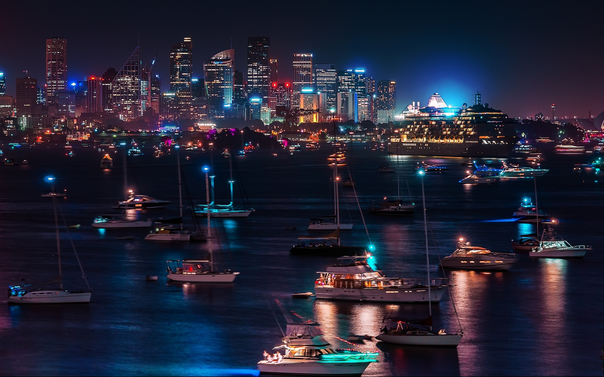 skyline, Cityscape, Night, Lights, Hdr, Harbor, Bay, Water, Reflection, Architecture, Buildings, Skyscrapers, Boats, Ships Wallpaper