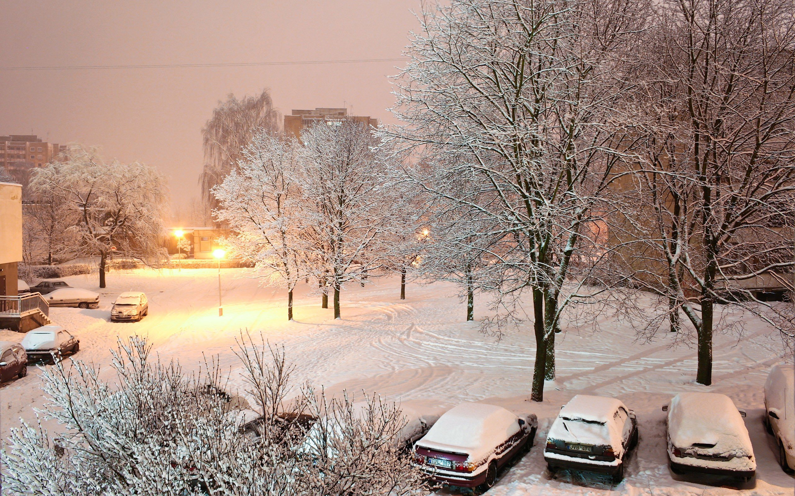 winter, Snow, Night, Cars Wallpaper