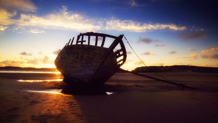 sunset, Ireland, Shipwrecks HD Wallpaper Desktop Background