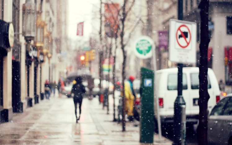 snow, Cityscapes, Vehicles, Blurred, Street, Signs, Streetscape HD Wallpaper Desktop Background