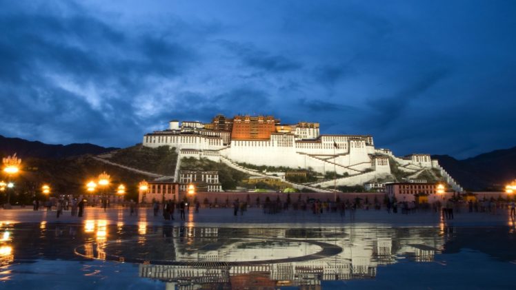 water, Lights, China, Buildings, Tibet, Reflections, Potala HD Wallpaper Desktop Background
