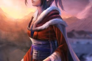 brunettes, Sunset, Mountains, Clouds, Nature, Trees, Forests, Blue, Eyes, Belts, Outdoors, Short, Hair, Cloaks, Earrings, Artwork, Japanese, Clothes, Anime, Girls, Hair, Band, Railing, Hair, Ornaments, Skies, Or