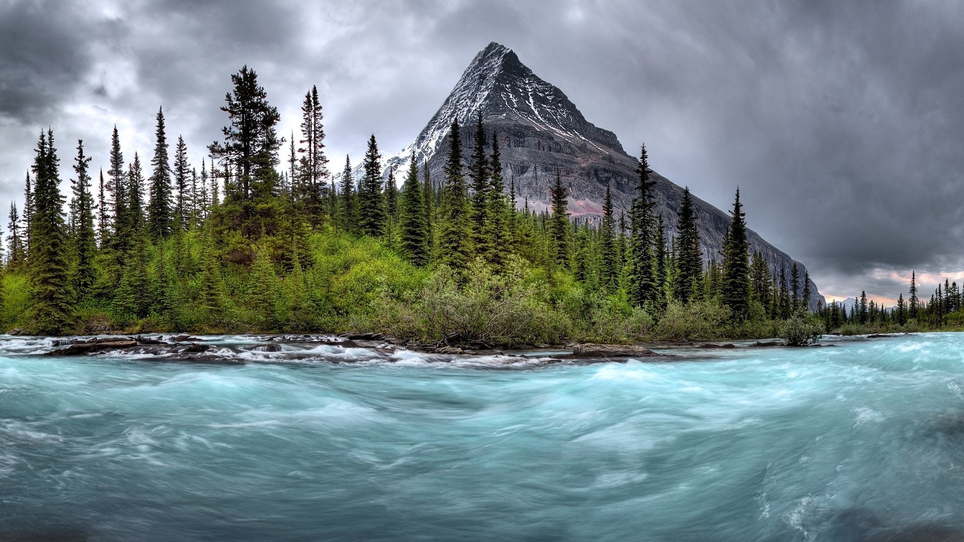 landscapes, Rapids, Timelapse, Trees, Forest, Woods, Shore, Bank, Mountains, Sky, Clouds Wallpaper