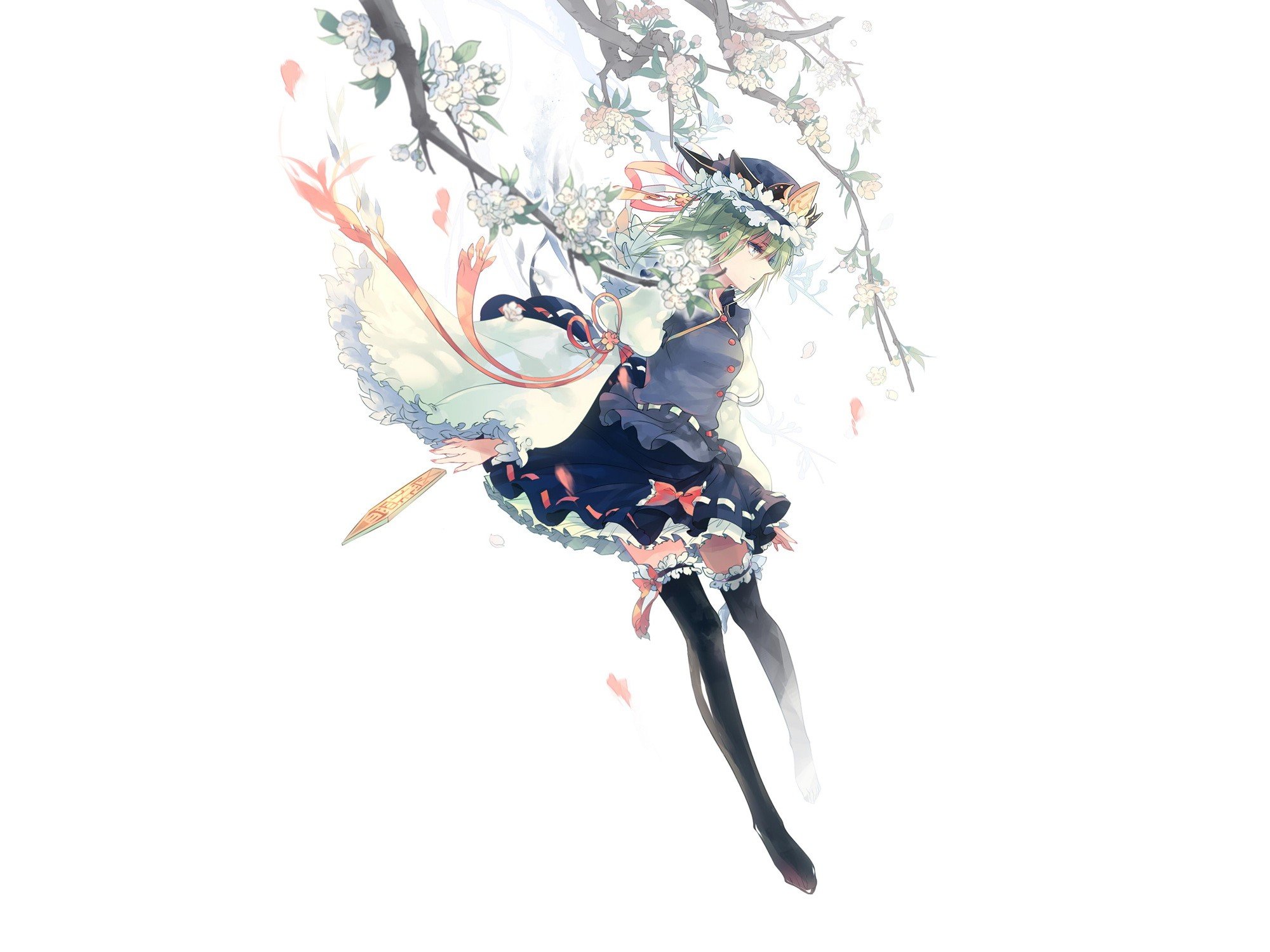 video, Games, Touhou, Cherry, Blossoms, Uniforms, Skirts, Ribbons, Blossoms, Green, Eyes, Short, Hair, Thigh, Highs, Green, Hair, Bows, Flower, Petals, Hats, Shikieiki, Yamaxanadu, Simple, Background, Branches, Wallpaper