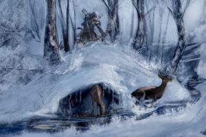 assasinand039s, Creed, 3, Connor, Art, Paintings, Video, Games, Landscapes, Hunting, Sports, Deer, Nature, Winter, Snow, Stream, Rivers, Weapons, Bow, Archer, Warriors